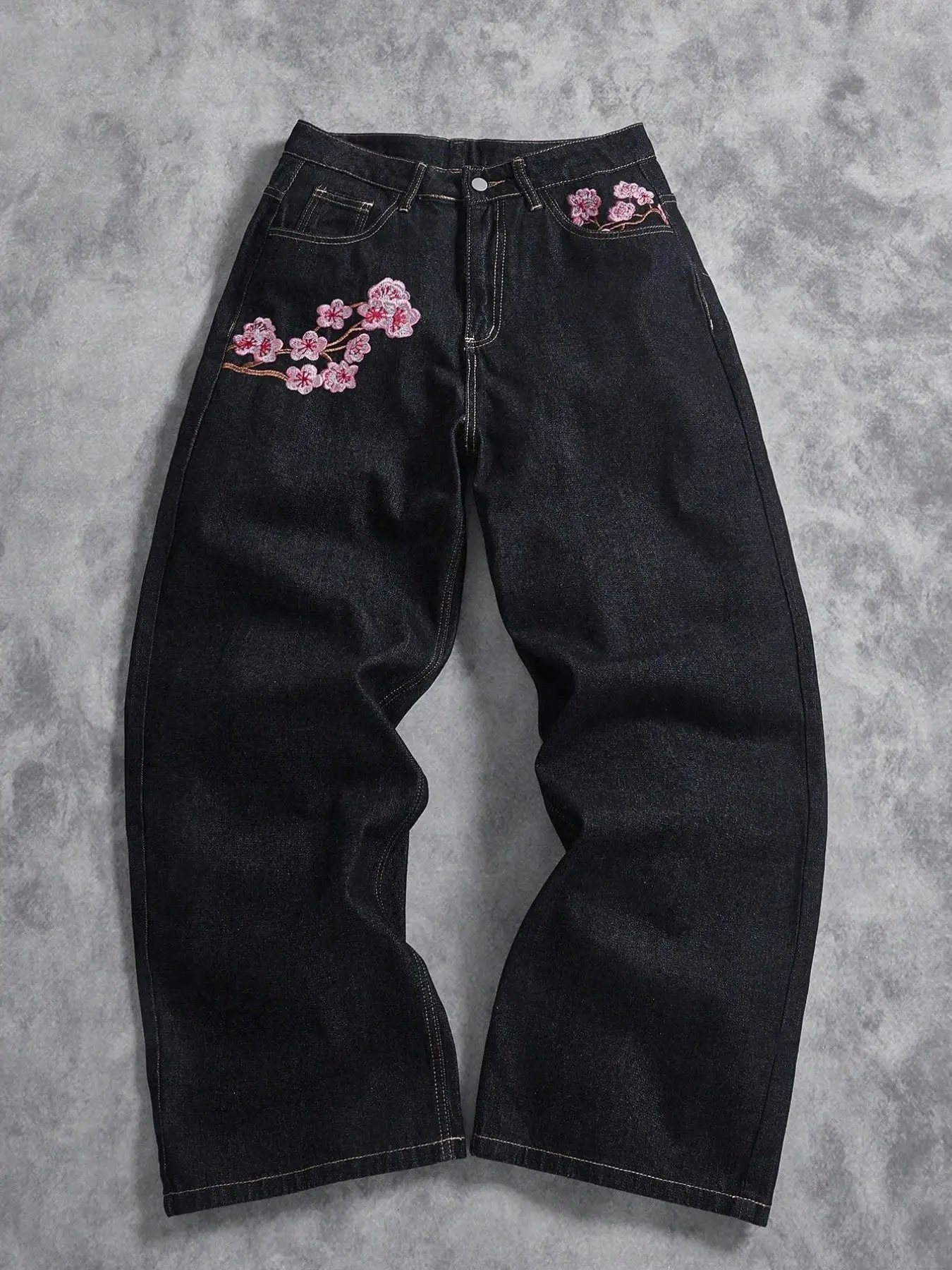 High Street Vintage Plum Blossom Embroidered Black Baggy Jeans Y2K Street Hip Hop Fashion Versatile Wide-Leg Pants Men