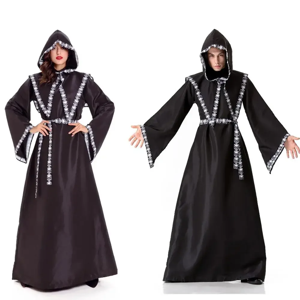 

Halloween Medieval Gothic Witch Costume Hooded Dress Adult Women Men Carnival Vampire Cosplay Long Dress Outfit