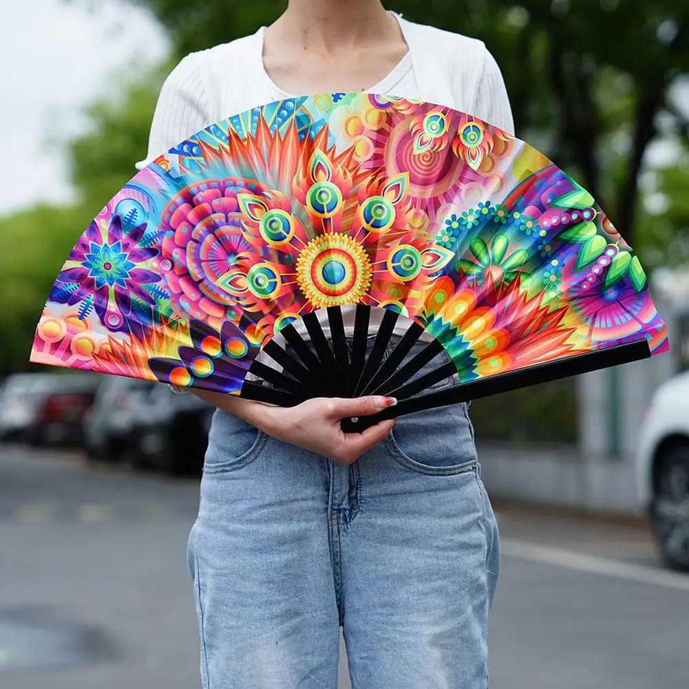 Abanico de mano plegable grande para Rave, 33cm, regalos japoneses, baile, música, colorido, Festival, gradiente, plegable y reflectante