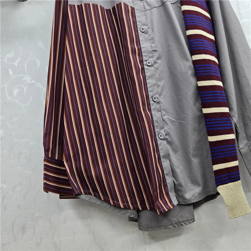 WTHT Nieuwe Trendy vrouwen Nep Tweedelige Gesplitst Gestreept Gebreid Shirt 2025, Herfst Mode Revers Lange Mouwen Blouse Vrouwelijke 1LS2540