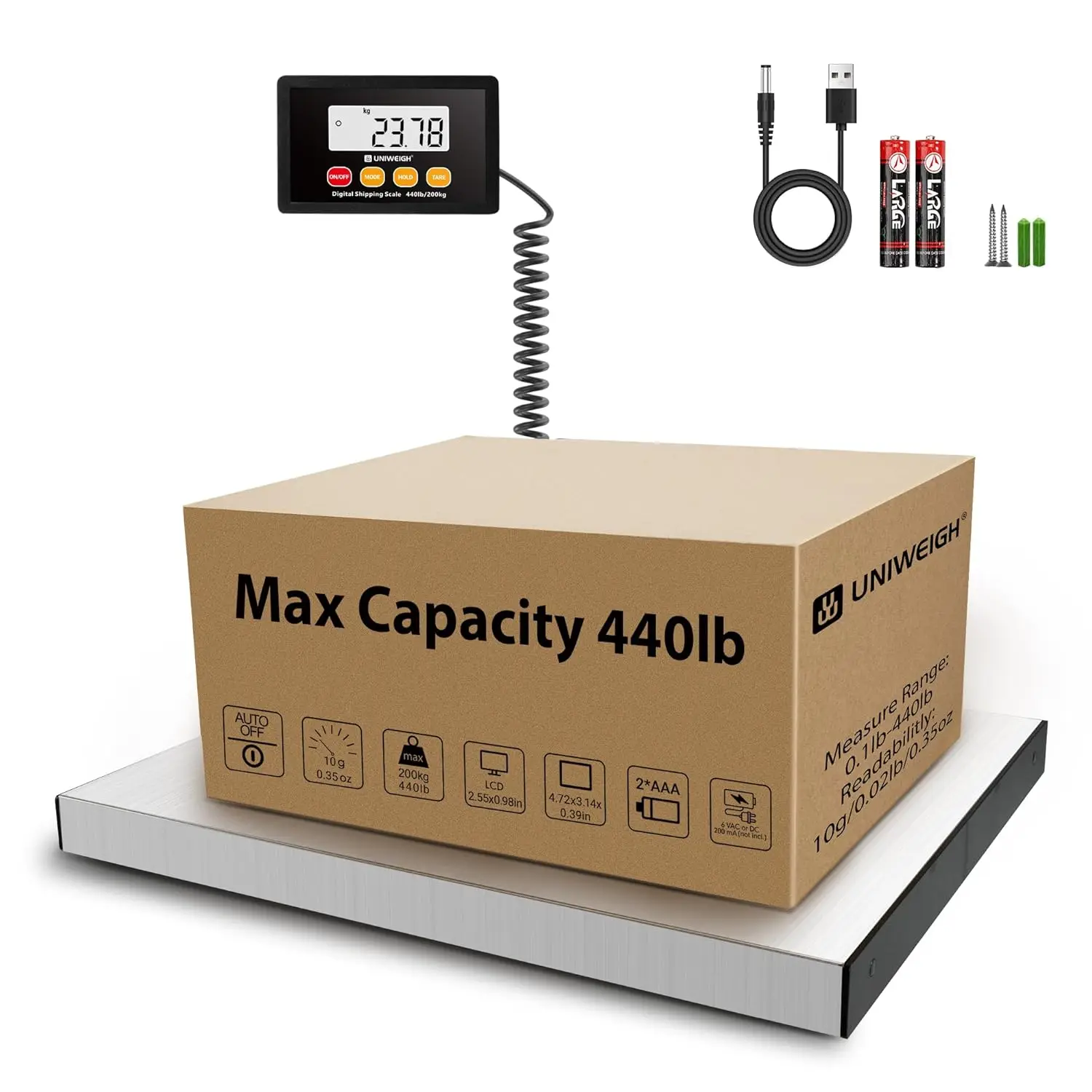 

440lb Digital Postal Scale with 10g Accuracy, Stainless Steel Platform, LCD Display & Hold/Tare Functions