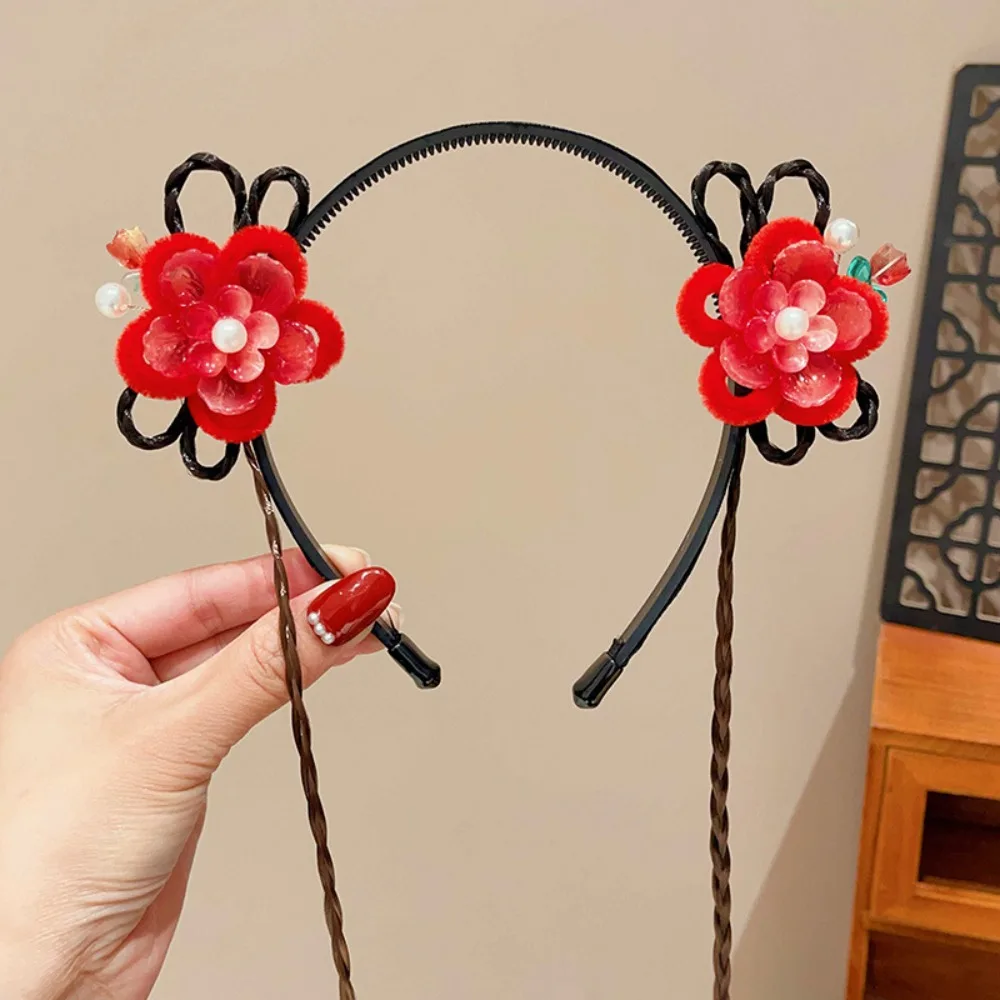 

Flower Children Wig Headband Braid Hair Tassel Chinese New Year Headwear Plush Girl Hair Accessories Red Bow Hairband Girls