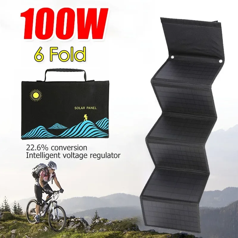 

100W 6 Fold Solar Panel Folding Bag USB+DC Output Outdoor Solar Charger Portable Power Bank Phone Charging Power Supply