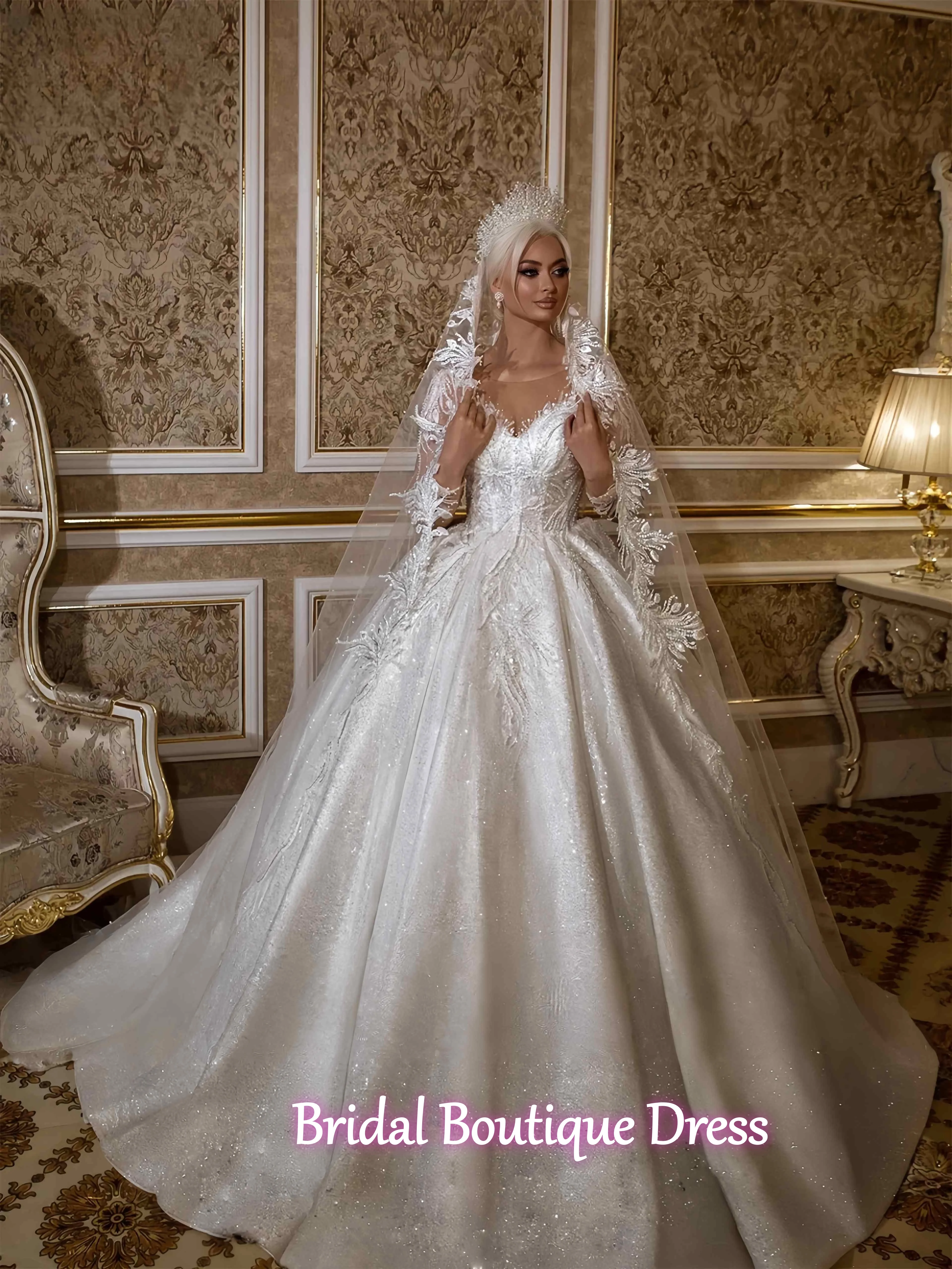 

Индивидуальное роскошное свадебное платье с длинными рукавами, расшитое бисером, с аппликациями из кружева и иллюзией на шее, Vestido De Novia