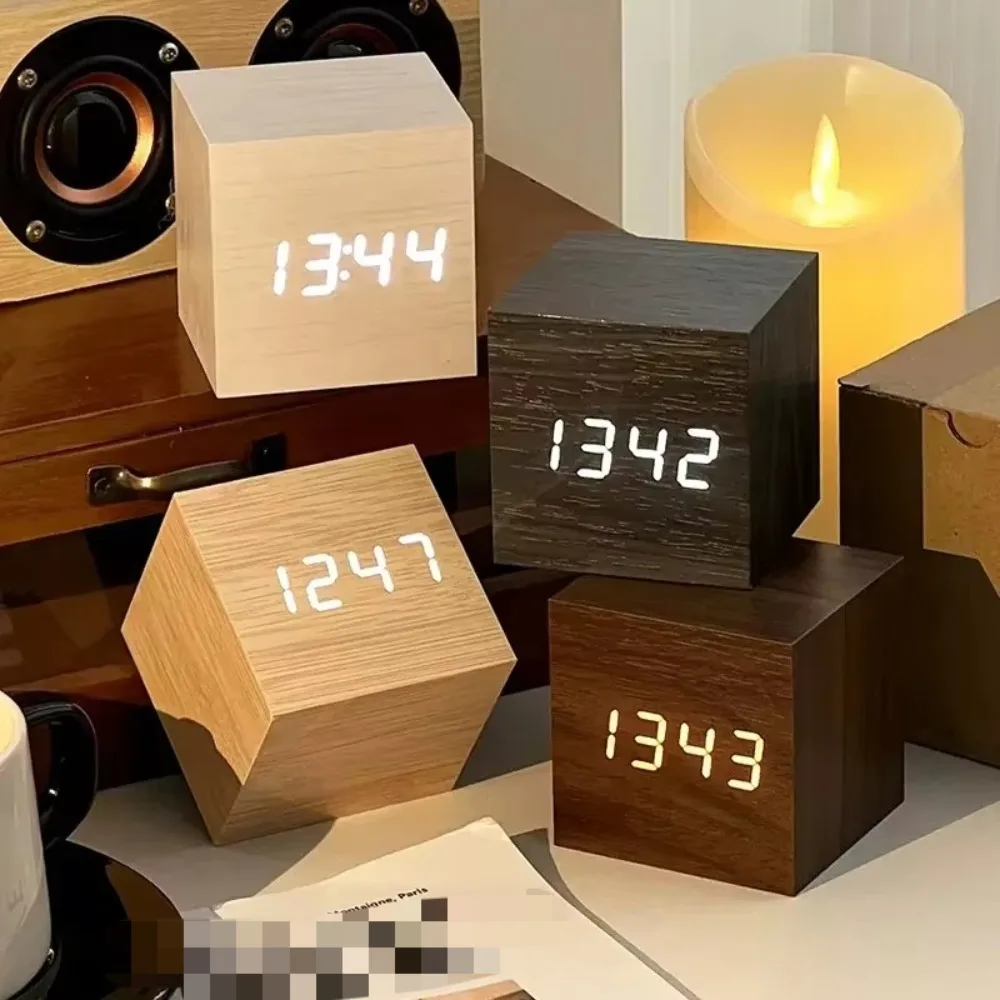 Wooden Digital LED Alarm Clock, Sound Control & Temperature Display, USB/AAA Powered Desktop Bedside Clock