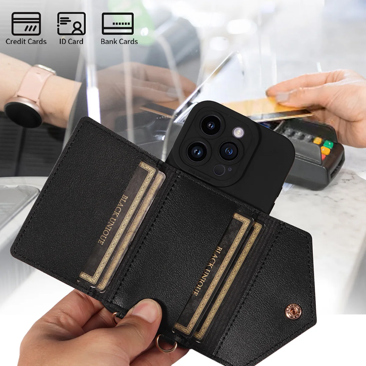 Faux Leather Phone Case for IPhone17 16 15 14 13 12 11 X XS XR 8 7 6 E Pro Max Plus Mini Wallet Protective Cover with Lanyard view 6