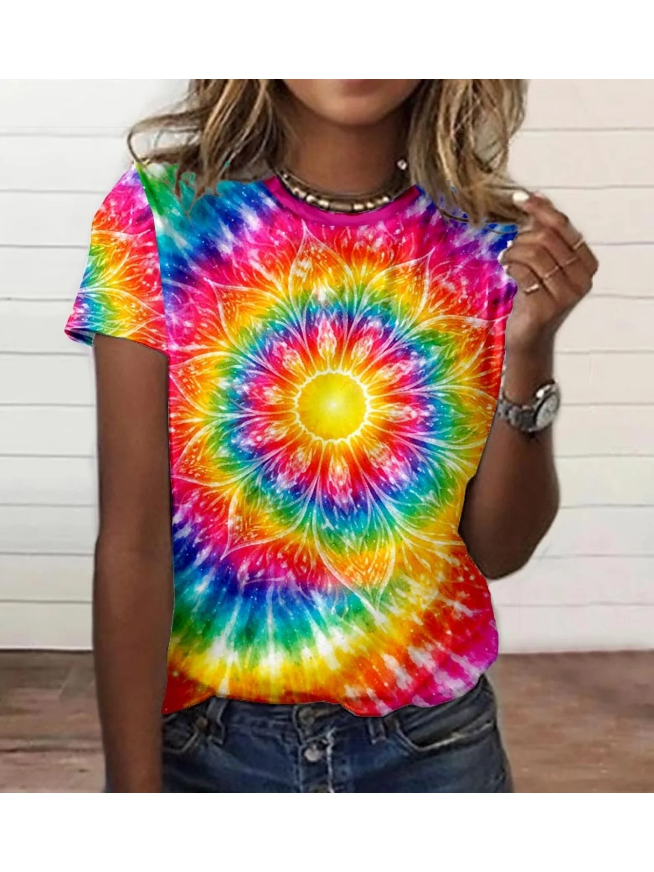 Women's T‑shirt Rainbow Tie Dye Mandala Sun Swirl Art Print Short Sleeve Crew Neck Summer Casual Daily Tops Women Clothing