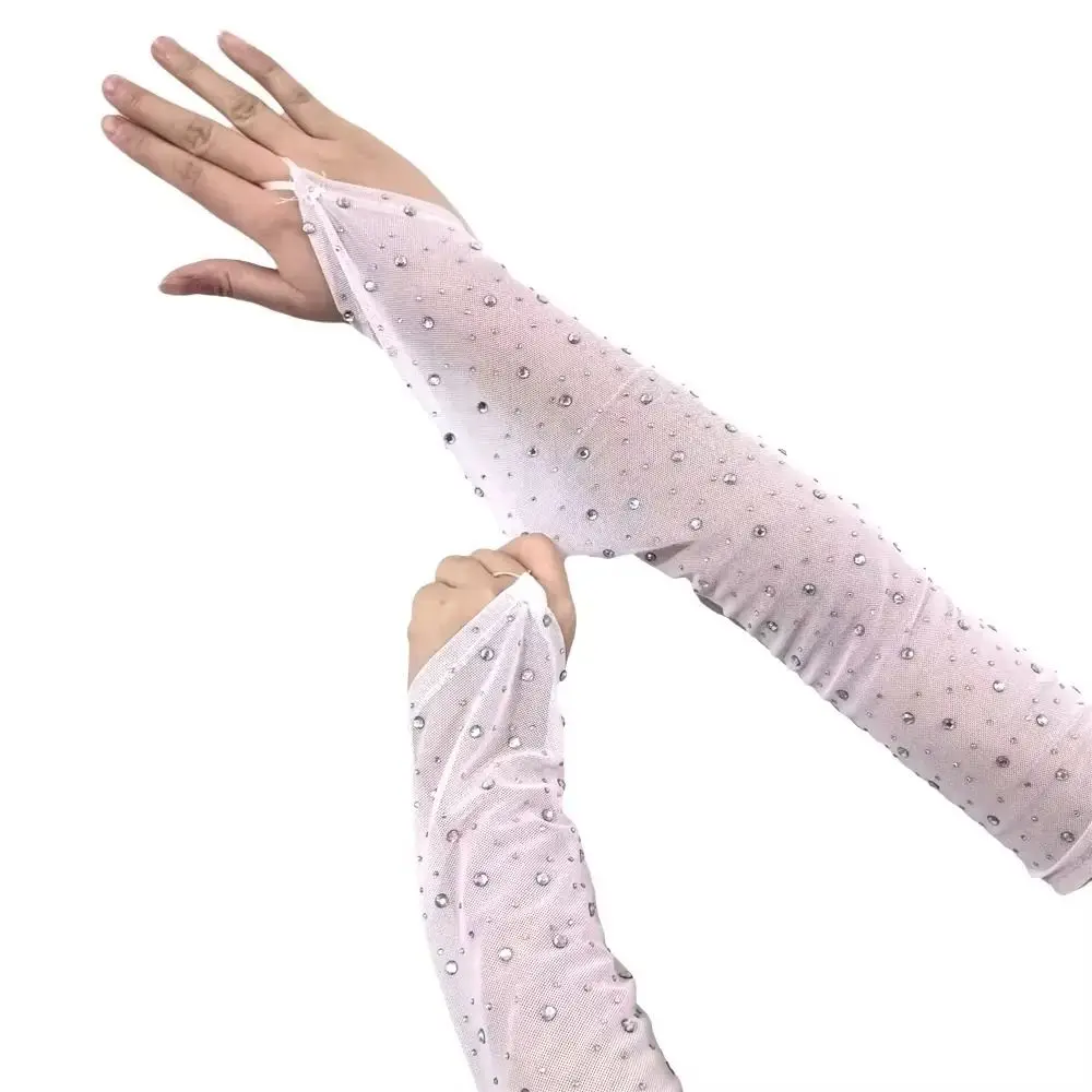 Elegance Shiny Rhinestone Mesh Gloves 42cm Mesh Glitter Long Gloves Arm Sleeves Breathable Fingerless Gloves Dancing Prom
