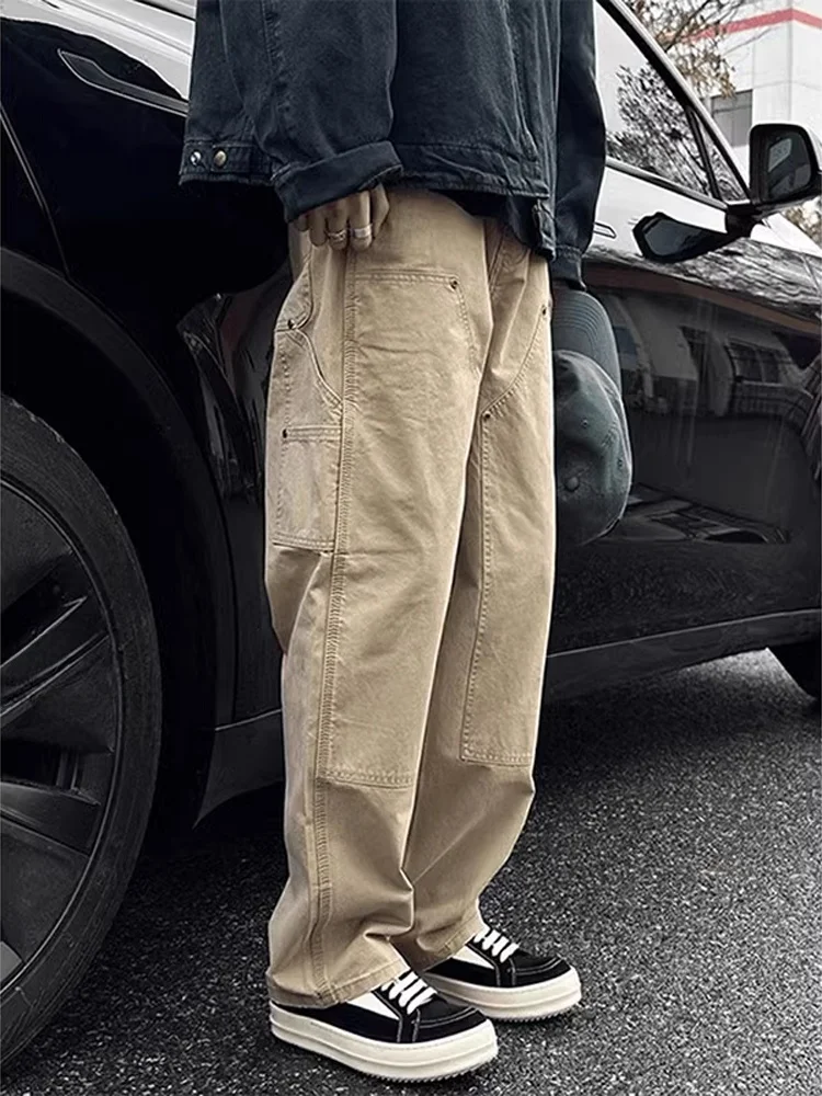 

Khaki Loose Straight Leg Men's Workwear Pants American Retro Sle Casual Long Trousers for Spring Autumn Season