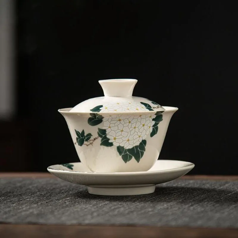 Porcelain Plant Ash Hydrangea Flowerr Pattern Sancai Gaiwan Kungfu Tea Tureen Tea Cup Household Infuser Bowl Kitchen Teaware