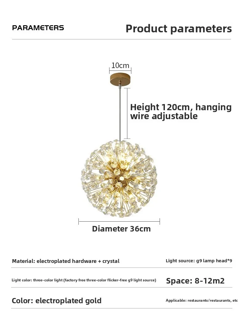 Light Luxury Crystal Dandelion Chandelier Spark Ball Modern Bedroom Light Restaurant Bar Lighting