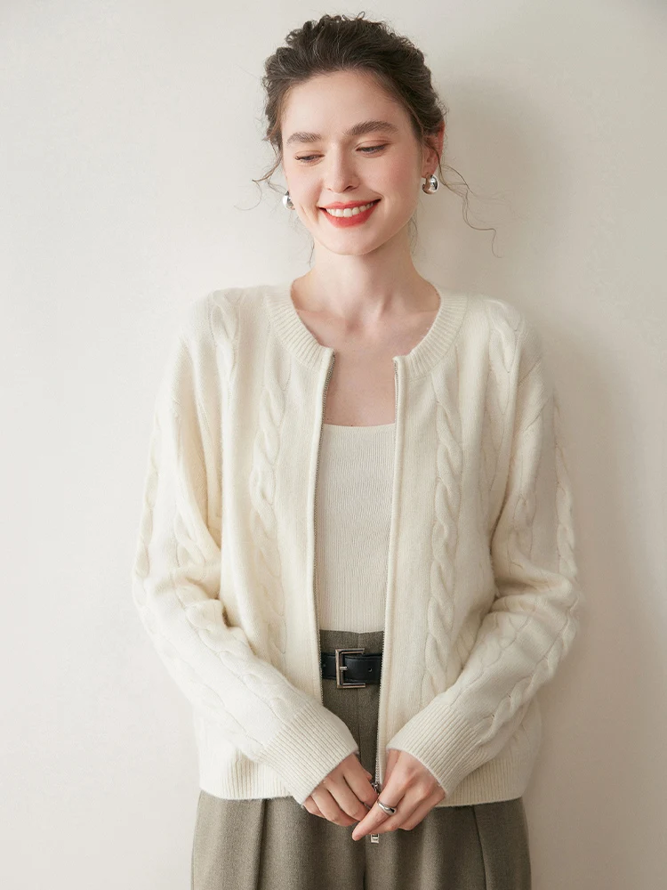 Yoyoselect Damski Kardigan z Kaszmiru 100%, Płaszcz, Okrągły Dekolt, Zapinany na Zamek, Krótki Sweter, Dzianina, Jesienno-Zimowy Gruby Sweter z Wzorem w Warkocze