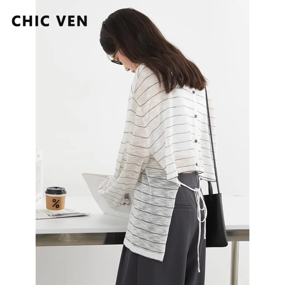 CHIC VEN Korean Women T-Shirts Loose Casual New Striped Long Sleeve Sunscreen Shirt Designed Female Tees Summer 2025