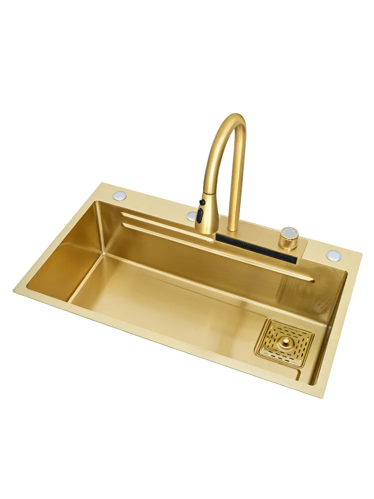 #Golden Flying Rain Waterfall Sink Large Single Sink Kitchen VegetableBasin 304 Stainless Steel Thickened Dishwashing Sink Under