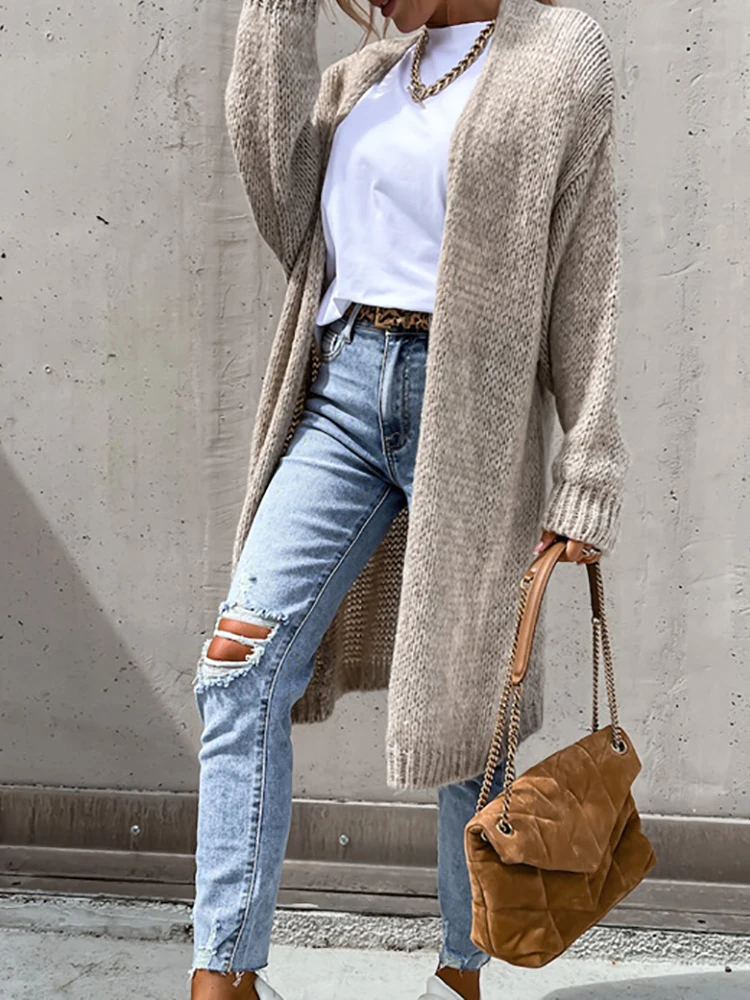 V Neck Long Sleeve Patchwork Sweaters, Women Autumn Winter Solid Simple Loose Fit Coats, Loungewear Elegant Ladies Maxi Cardigan