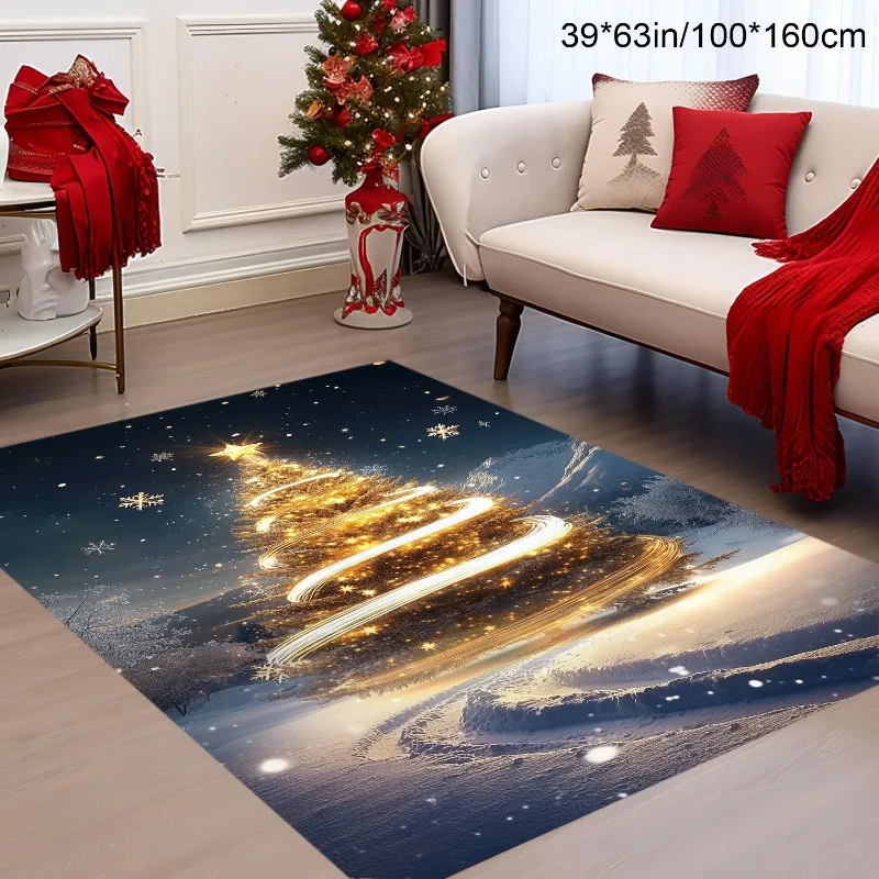 1pc Large Golden Diamond Christmas Rug with Christmas Tree & Sparkling Snowflake Pattern, Luxury Floor Mat for Christmas