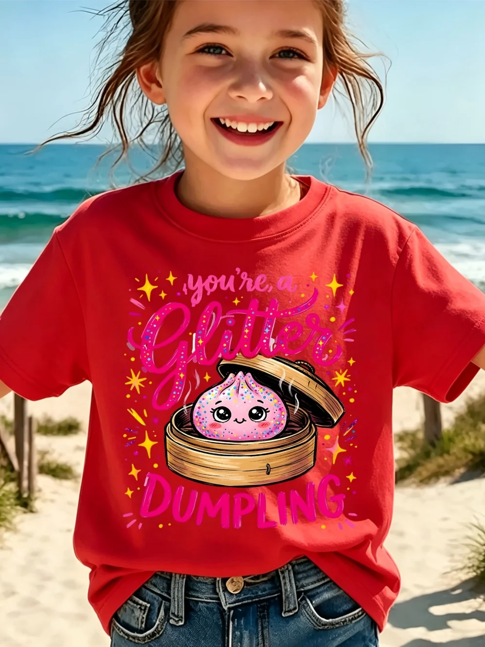 Children's T-Shirt Glitter You're a Glitter Dumpling Boys Girls Teens Smooth Graphic Round Neck Short Sleeve Clothing for Girls