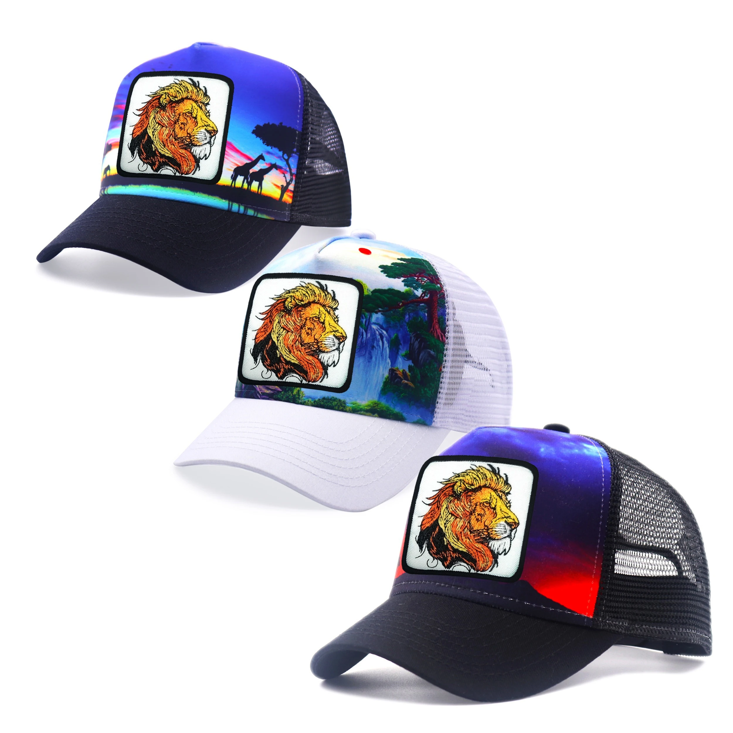

Unisex Trucker Mesh Caps for Men Women Farm Animal Lion Embroidery Badge Snapback Hats African Savanna Background