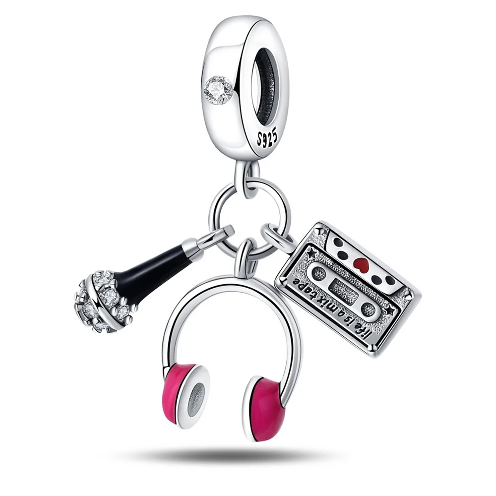 Classic 925 Sterling Silver Headphone Microphone Video Triple Charm Fit Bracelet Women's Concert Jewelry Accessories