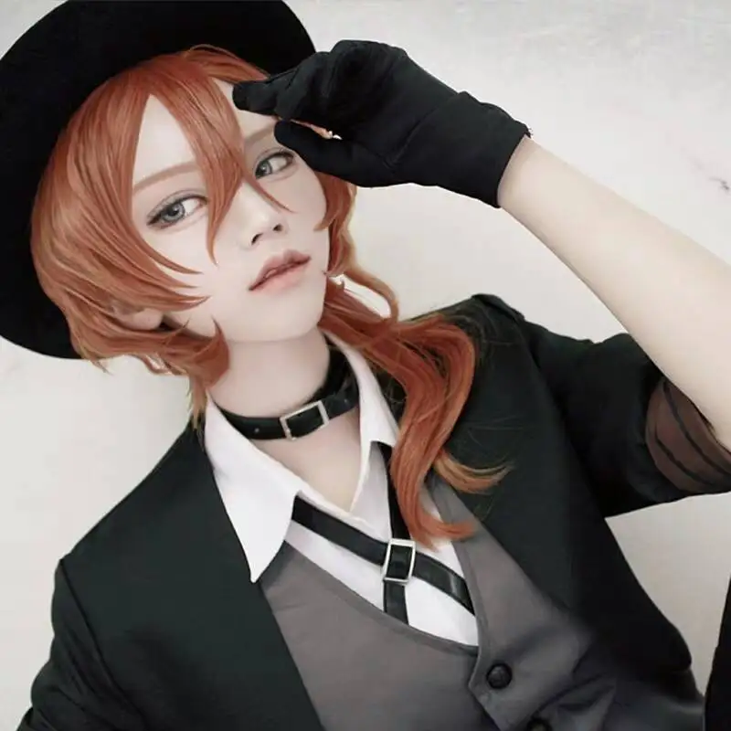 High Quality Anime Bungo Stray Dogs Chuya Nakahara Chuuya Cosplay Wig Heat Resistant Synthetic Hair Wigs + Wig  Headwear