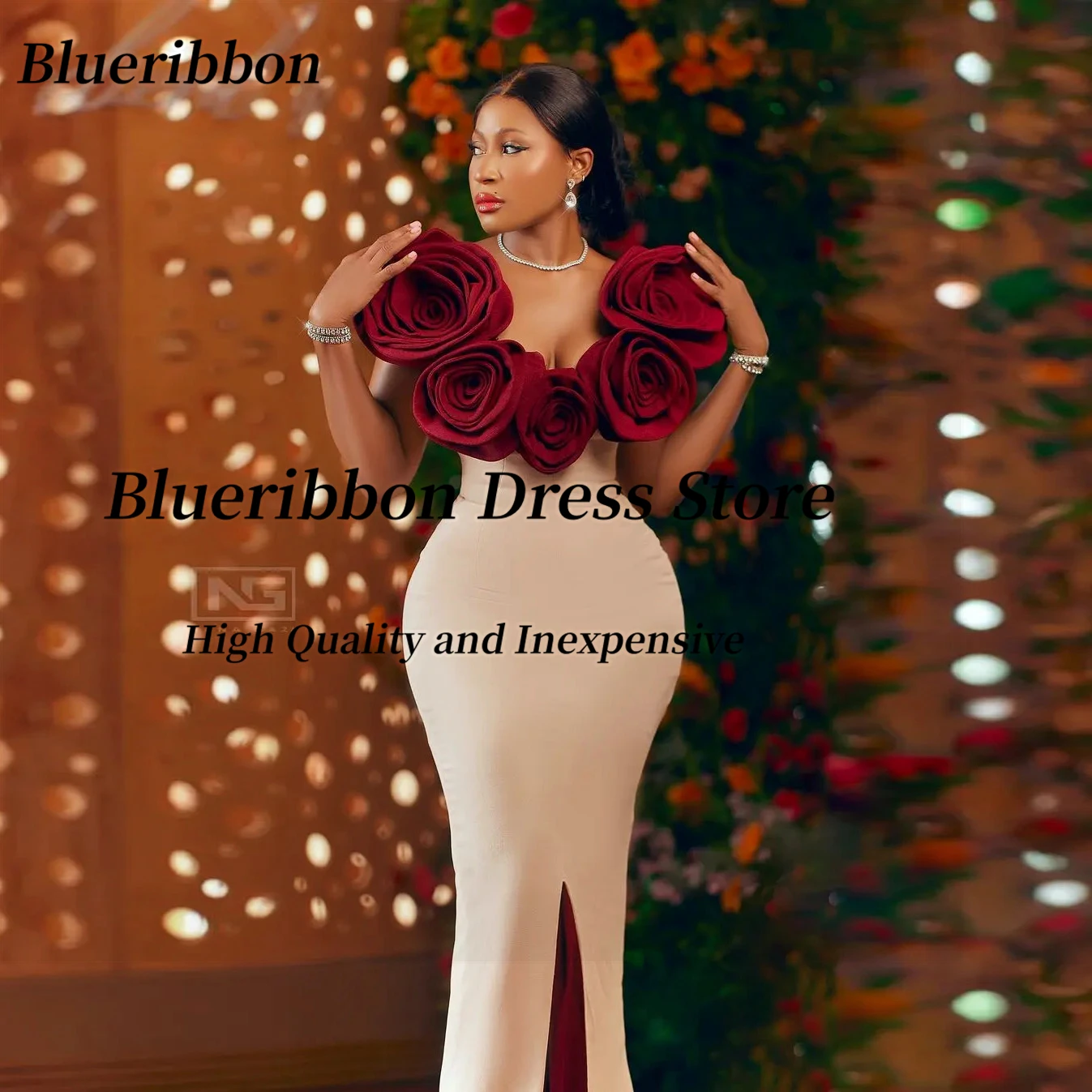 Blueribbon Unique Bespoke Prom Dresses Handmade Flowers Neckline Evening Dress Contrast Color Trumpet/Mermaid Party Gowns