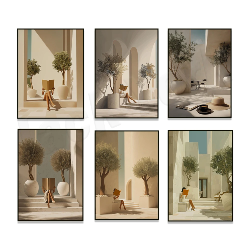 Women's reading print, Mediterranean coffee theme, neutral color wall decoration, library, bedroom, reading decorative poster