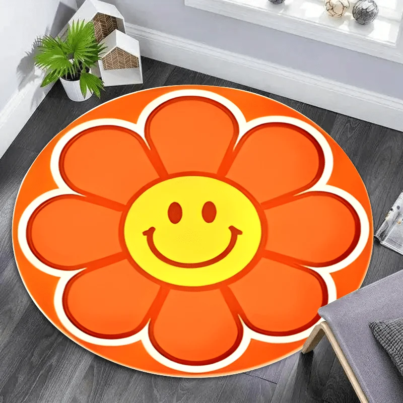 Round Rug with Smiling Flower Design Soft Flannel Carpet for Living Room Bedroom Decorative Floor Mat Non Slip Washable AreaRugs