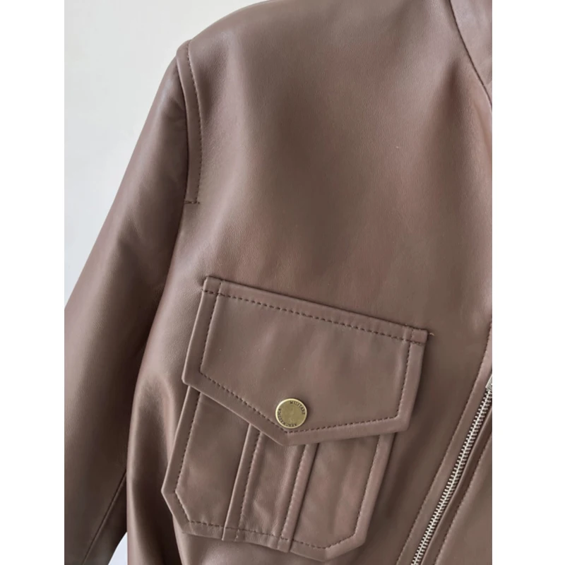 Zwart bijgesneden schapenvacht jas mode opstaande kraag slim fit dubbele zak dames echt leer motorjas casual bovenkleding