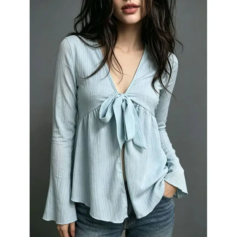Women V Neck Bow Front Peplum Blouse Long Flare Sleeve Textured Fabric Loose Casual Spring Summer Shirt Tops