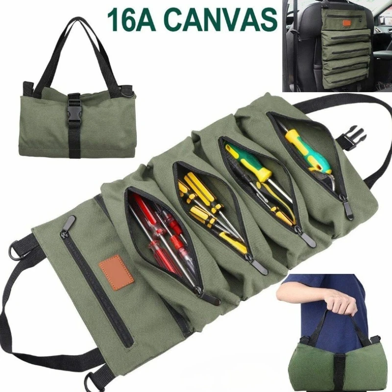 Heavy-Duty Roll-Up Tool Bag - Oxford Fabric Multi-Tool Organizer All-in-One Garage Storage for Mechanics/Electricians/Carpenters
