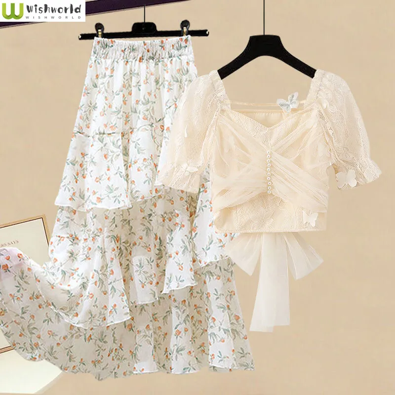 

Large Summer Women's Suit 2022 New Fashion Foreign Style Aging Bowknot Shirt Printed Skirt Two Piece Elegant Women's Skirts Sets