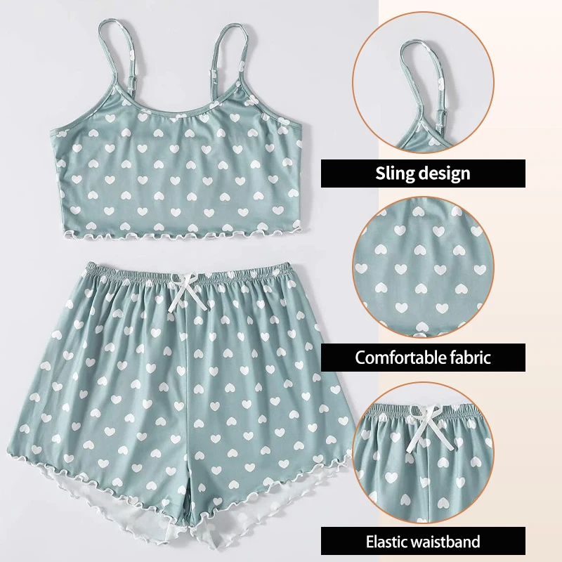 Summer New Blue Printed Love Two-Piece Set with Suspender Sexy Home Pajama Set Women\'s Casual Daily Printed Sleeveless Set