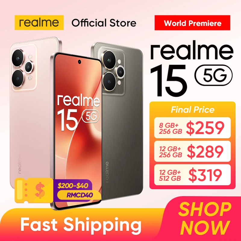 [World Premiere] realme 15 5G Smartphone Dimensity 7300+ 5G Processor 7000mAh Battery 80W Charge 6.77"144Hz AMOLED Display NFC