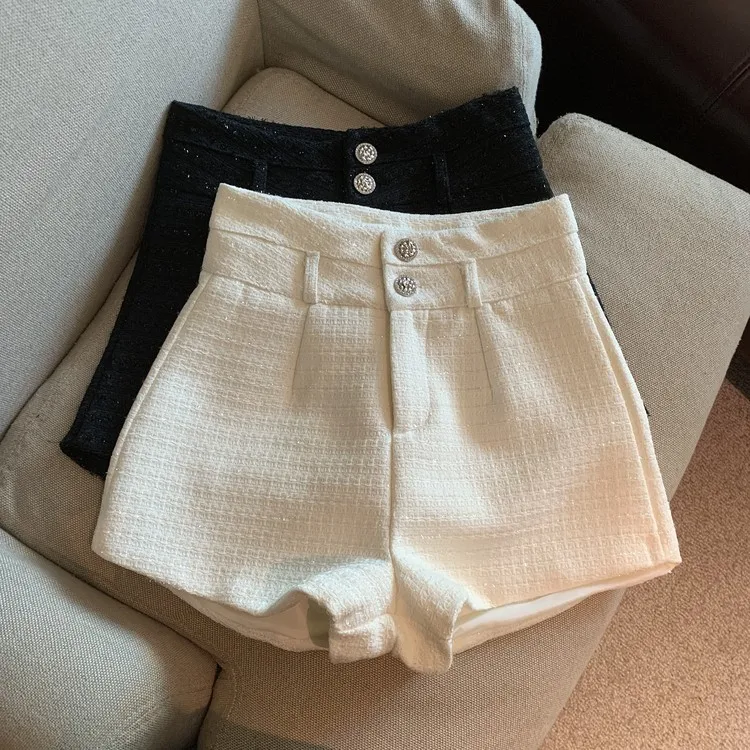 

High End French Style Tweed High Waist Slimming Wide Leg Shorts for Women Autumn Winter Elegant and Chic Design High Quality