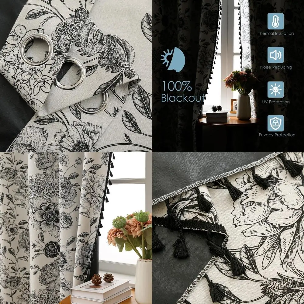 

Термоизолирующие черные шторы с цветочным узором и бахромой, 2 панели для гостиной, 52W x 96L