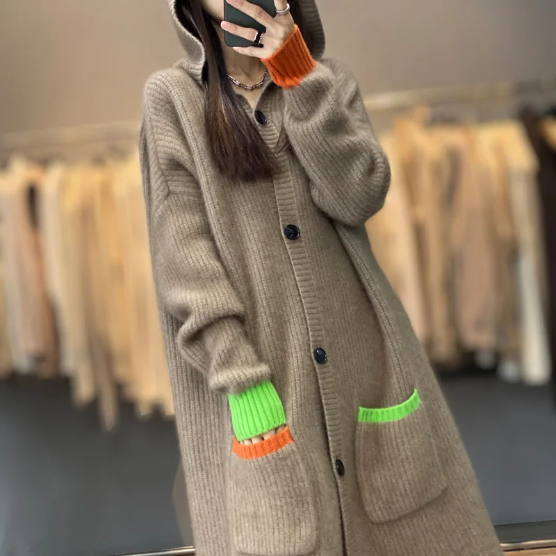 

Fashion Color-Blocked Hooded Knitted Mid-Length 100% Merino Wool Cardigan Cashmere Long Sleeves Soft Warm Gentle Clothing Top
