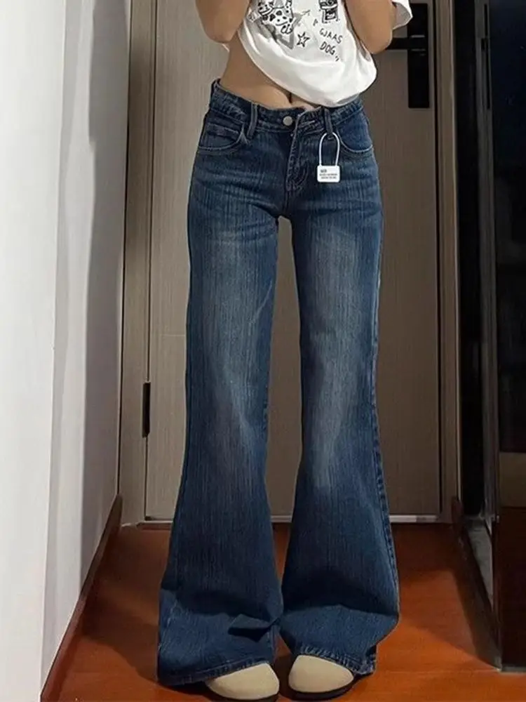 

Y2K Low Waist Jeans Women Deep Blue Bamboo Striped Washed Denim Slim Fit Elastic Flared Pants Retro Autumn Spicy