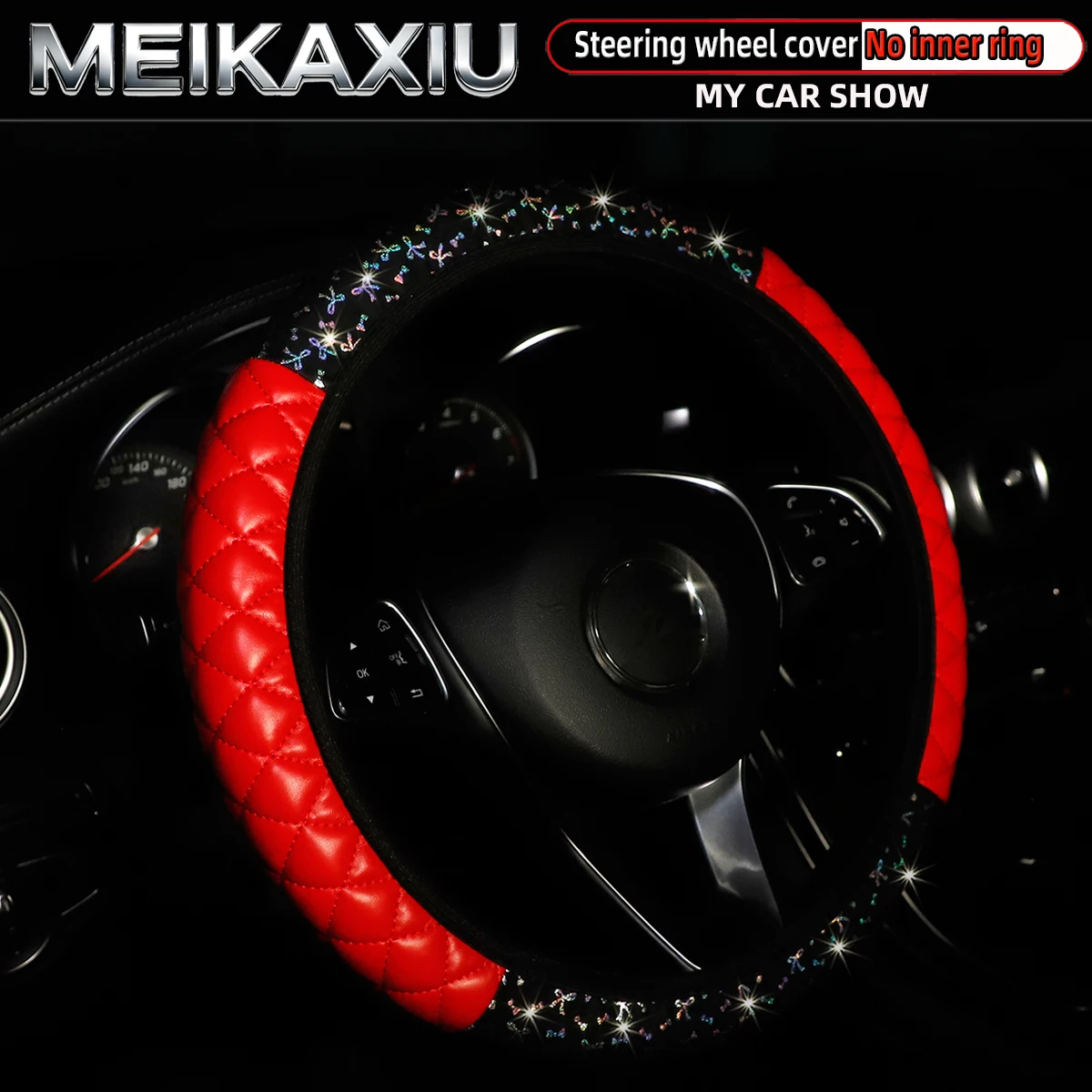Women's Glitter PU Leather Steering Wheel Cover 3D Embroidered Gold-Embossed Bow Design Car Accessory without Inner Ring
