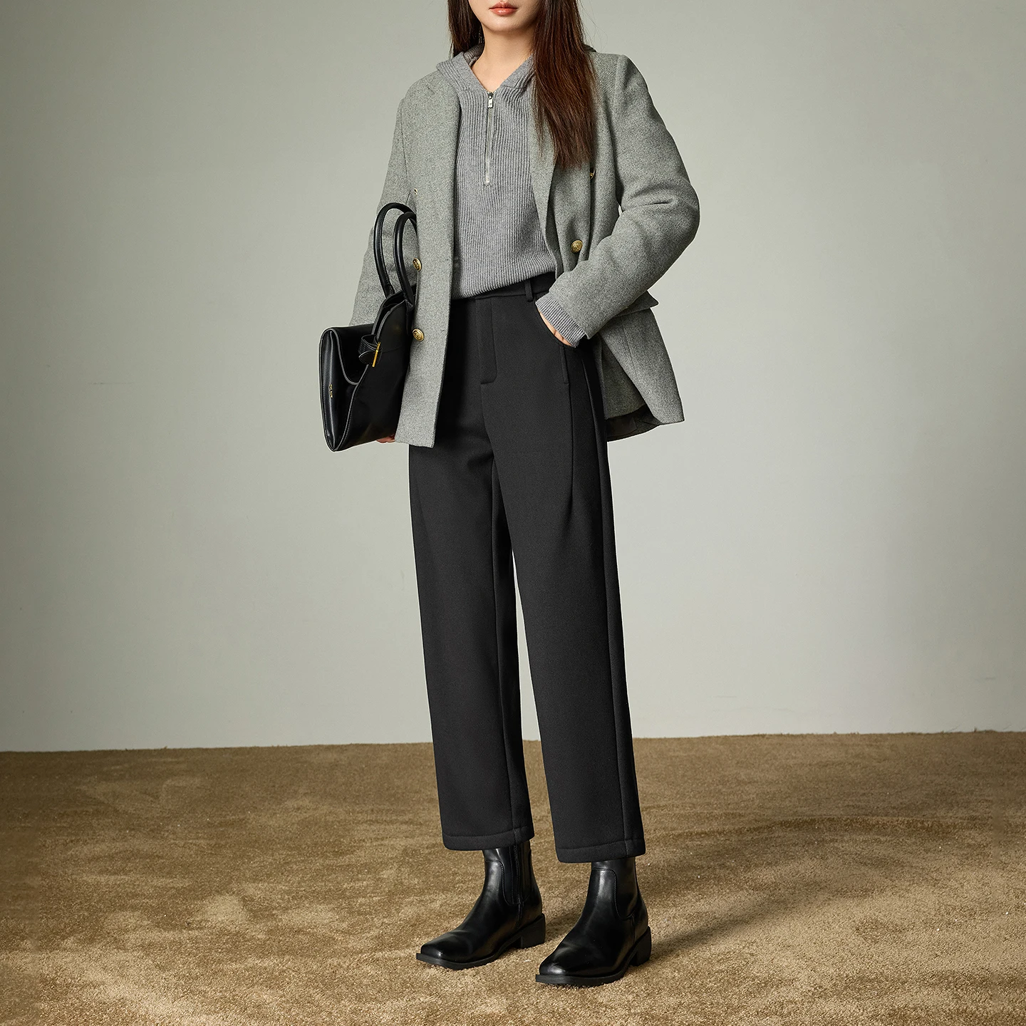 TOYOUTH سراويل تقليدية نسائية 2025 شتاء جديد ريترو مفكك نصف شق تصميم الصوف مبطن السراويل الصوفية اقتصاص #5