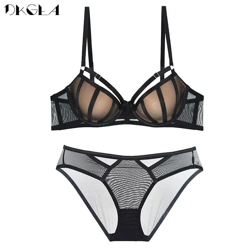 Bandage Push Up Bra Panties Sets Thick Padded Brassiere Fashion Black Deep V Sexy Underwear Set Women Plus Size D Cup Lingerie