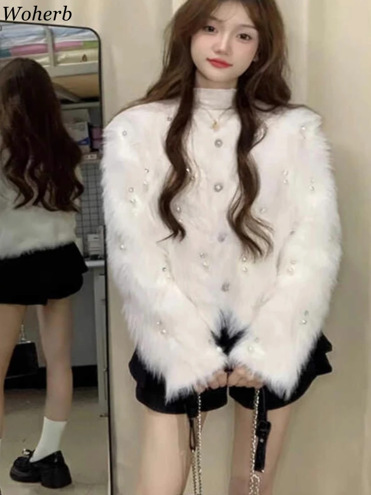 Solid Fur Temperament Jacket Pearl Party Lady All Match Sweet Outwear 2025 Ropa Mujer Fashion Warm Women Single Breasted Coats