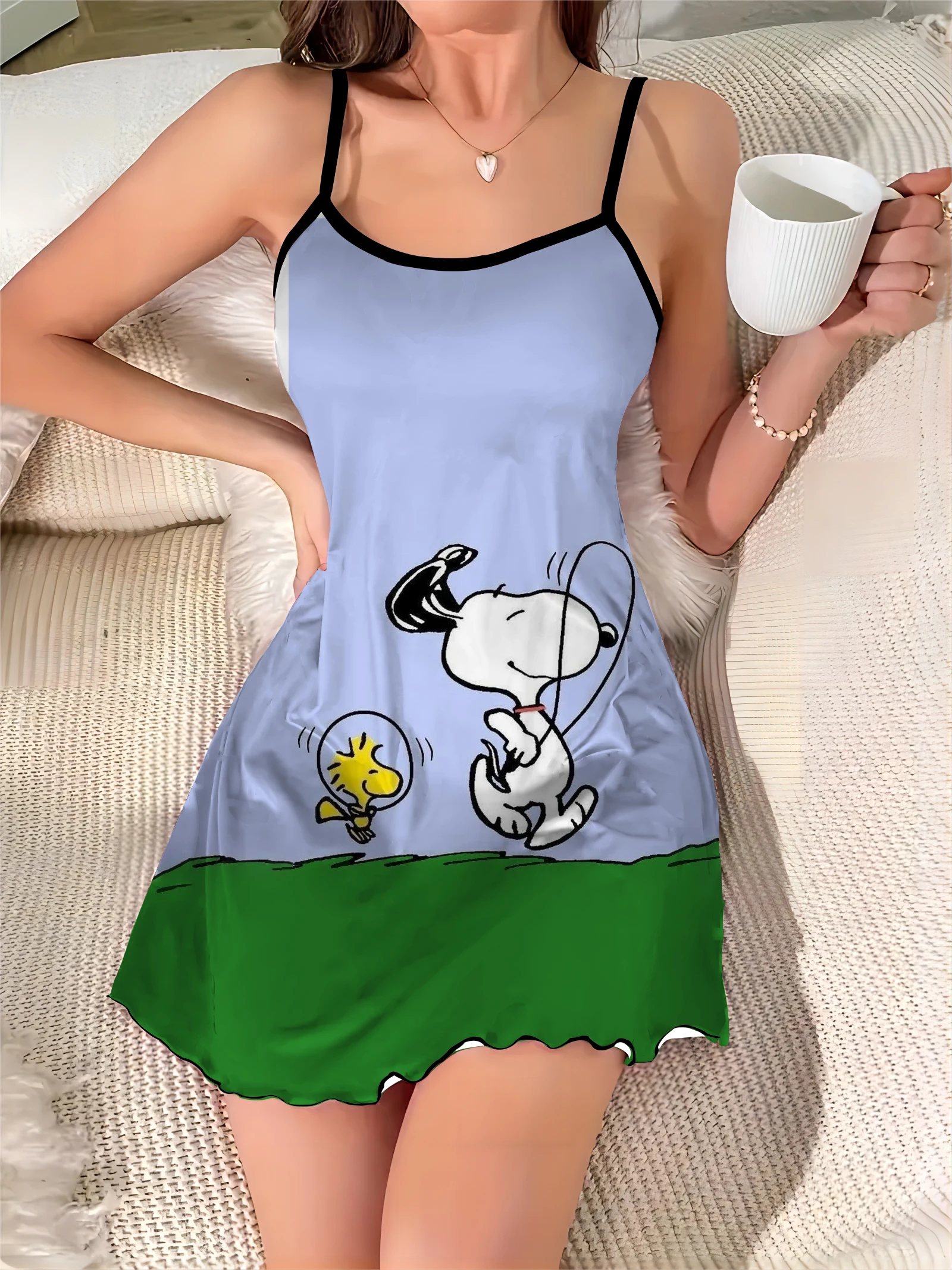 Elegant Dresses for Women Home Dress Crew Neck Pajama Skirt Snoopy Satin Surface Lettuce Trim Fashion Summer 2024 Chic Mini Sexy