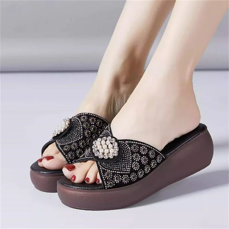 Women sandals Ladies Summer Slippers Shoes Women High Heels Fashion Rhinestone Summer Shoes Genuine Leather size 35--40