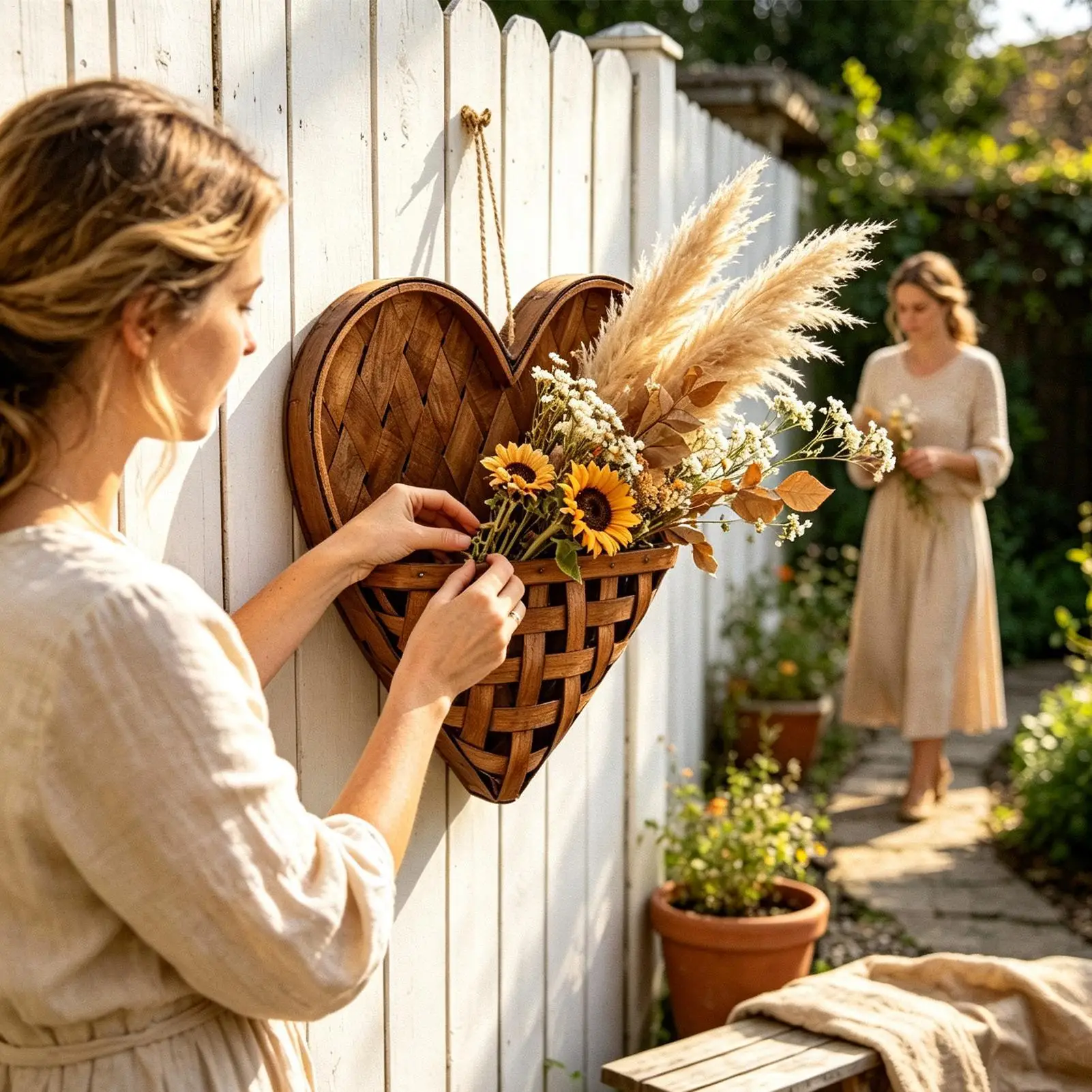 Wall Baskets Decor Heart Shaped Wooden Rustic Decoration With Rope Woven Wall Flower Basket For Living Room Bedroom Entrance