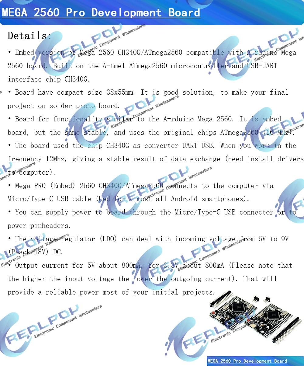 Mega2560 Mega 2560 PRO MINI 5V (Embed) CH340G ATmega2560-16AU MICRO TYPE-C mit männlichen Pinheadern, kompatibel mit Arduino Mega ﻿ – Detail 1