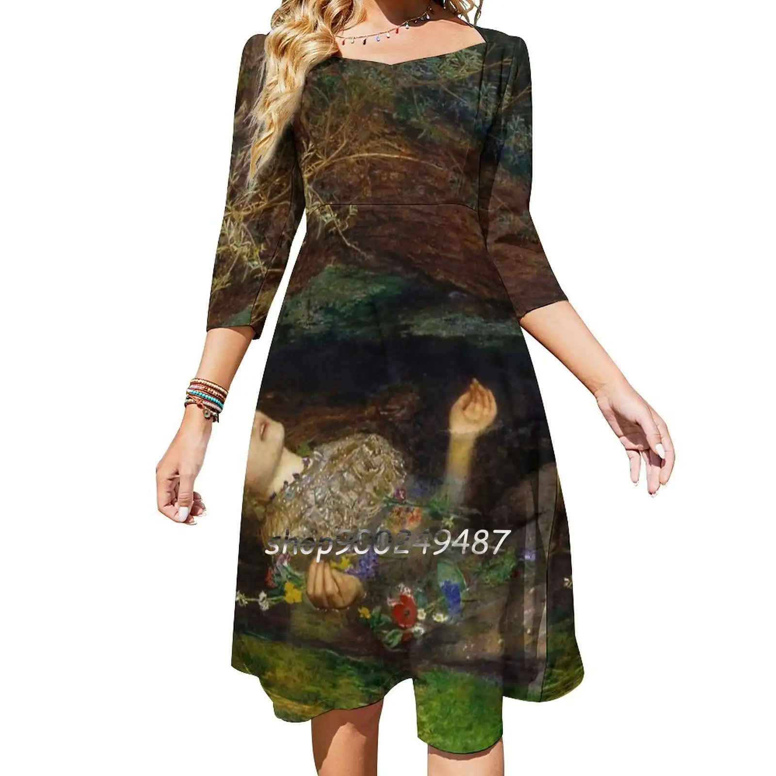 Ophelia-John Everett Millais-1852 Women Casual High Waist Mini Dress Short and Long Sleeve Dresses Fashion Dress Pre Raphaelite