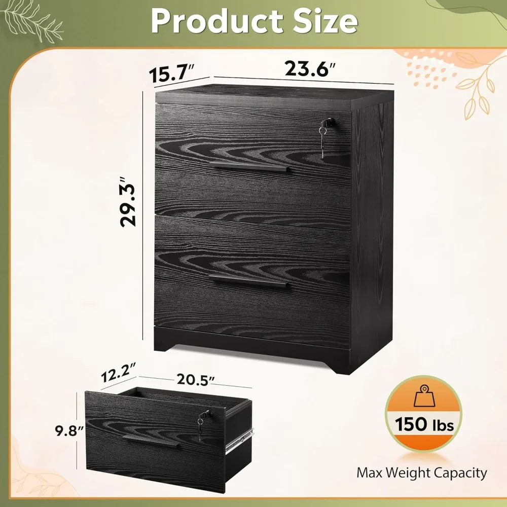 사무실 및 가정용 서랍형 잠금식 목재 측면 파일 캐비닛 2개, 검정색, 안전한 보관 솔루션