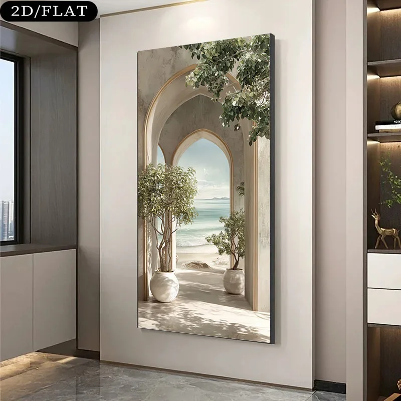 1pc frameless Canvas Painting 2D Flat Modern Beach Arch Canvas Wall Art, Frameless Mediterranean Seascape Light Shadow Canvas Pr