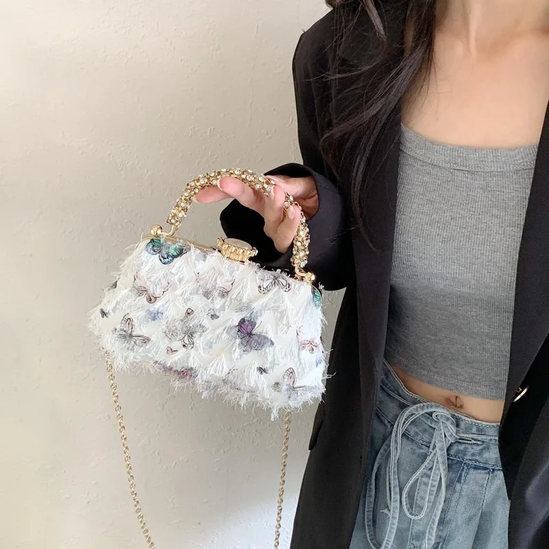

2025 Autumn New Ladies Small Evening Bags Metal Handbags Fine Butterfly Embroidery Chain Shoulder Bags For Women Party Clutches