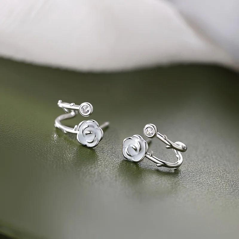 925 sterling silver needle camellia zircon earrings women's earrings light luxury niche design earrings